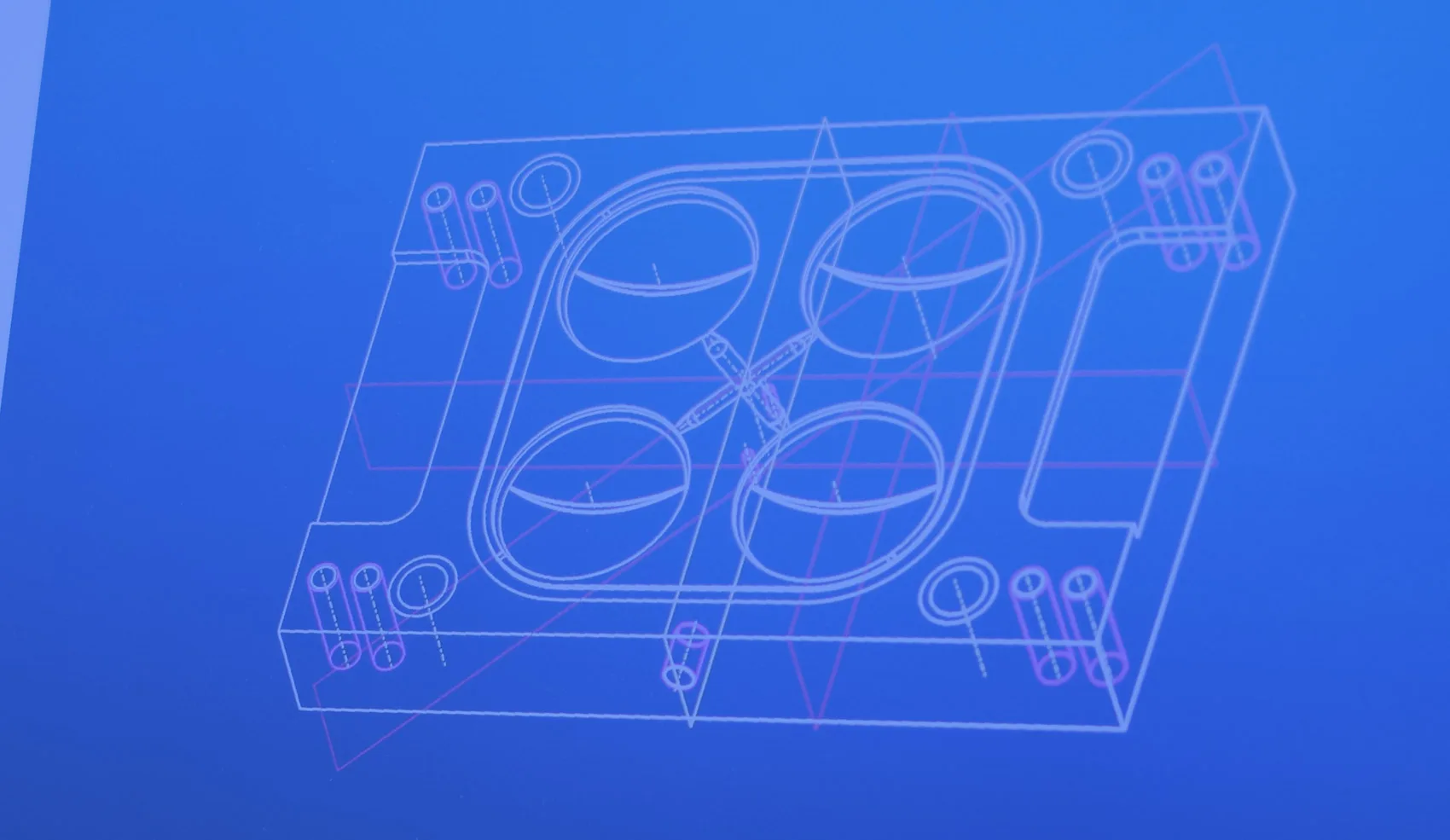 Diseño CAD 3D · molde de inyección de 4 cavidades con canales y sistema de eyección.
